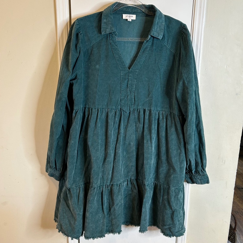 Umgee Teal Corduroy Babydoll Dress Long Sleeve Tiered Raw Hem B8205 Large